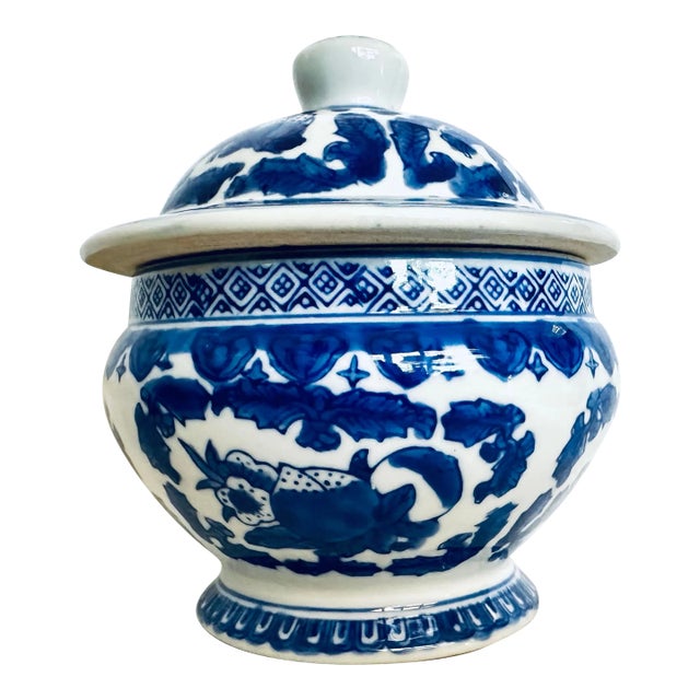 Blue & White Ceramic Covered Jar For Sale