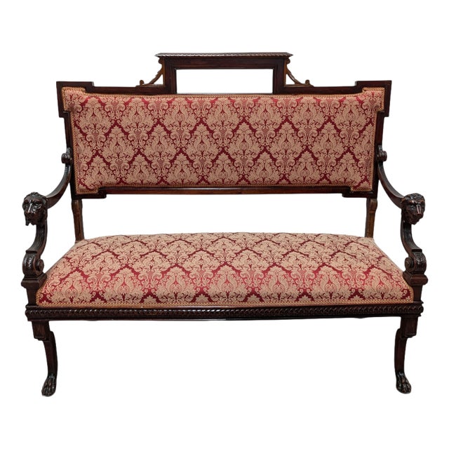 19th Century Wooden Sofa with Lion-Head Armrests and Red Fabric For Sale