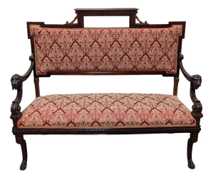 19th Century Wooden Sofa with Lion-Head Armrests and Red Fabric