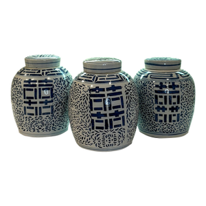 Chinoiserie Chic Vintage Blue and White Double Happiness Ginger Jars - Set of Three