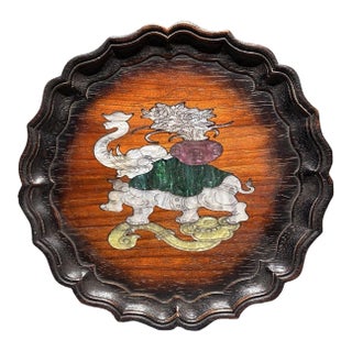 1990s Hardwood Scalloped Round Tray With Mother-of-Pearl Inlay Auspicious Elephant Motif, Chinoiserie Decorative Plate For Sale