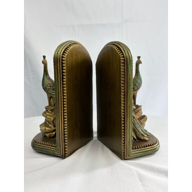 Art Deco Hollywood Regency Green & Brass-Toned Peacock Bookends - A Pair For Sale - Image 3 of 11