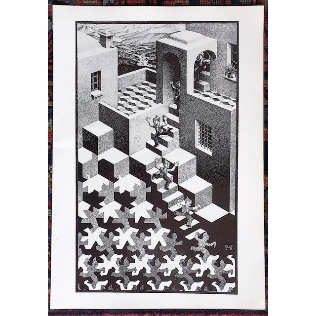This vintage 20th century lithograph (offset) depicts one of M. C. Escher's (Netherlands 1898-1972) fascinating and iconic...