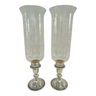 1960’s-1970’s Vintage Garden Silversmiths Sterling Silver Etched Glass Hurricane Candleholders - A Pair For Sale