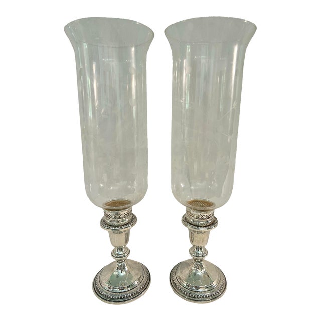 1960’s-1970’s Vintage Garden Silversmiths Sterling Silver Etched Glass Hurricane Candleholders - A Pair For Sale