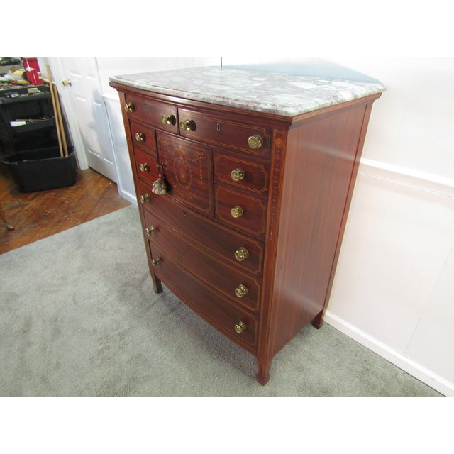 Traditional 1930's Mahogany Inlay Marble Top Chest of Drawers For Sale - Image 3 of 10