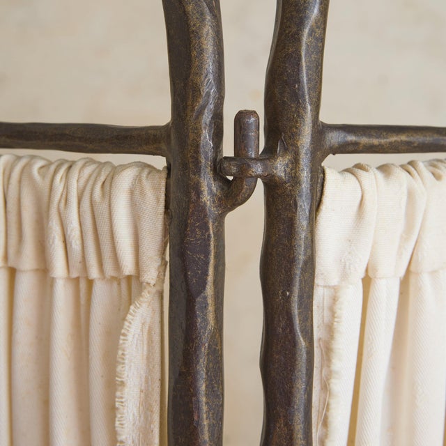 Vintage French Four-Panel Hammered Iron Folding Screen with Pleated Fabric For Sale - Image 11 of 11