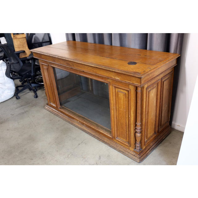 19th Centiury Antique Oak General Store Counter With Glass Front
