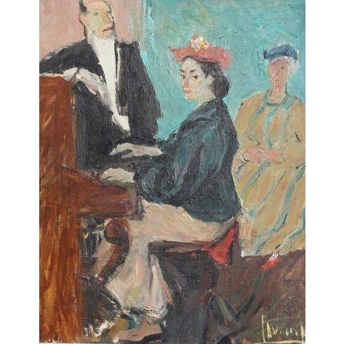 Figure at the piano', oil on board, by carlo striccoli (circa 1960s). A quietly charged interior scene built around three...
