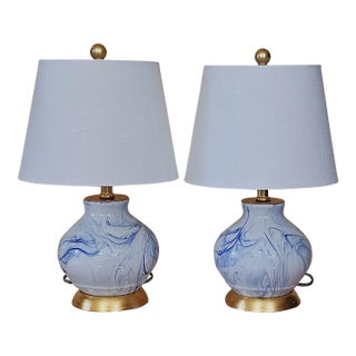 Pair of Jonathan Y Holly Marbleized Ceramic Table Lamps in Blue & White For Sale