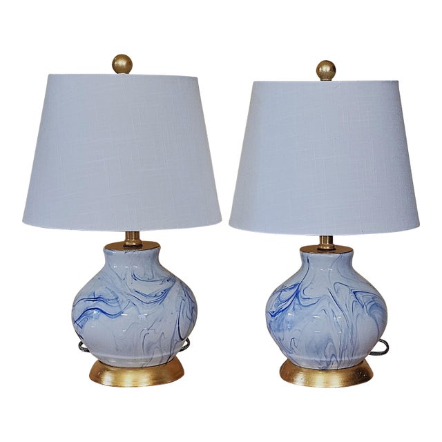 Pair of Jonathan Y Holly Marbleized Ceramic Table Lamps in Blue & White For Sale