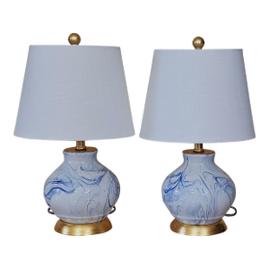 Pair of Jonathan Y Holly Marbleized Ceramic Table Lamps in Blue & White