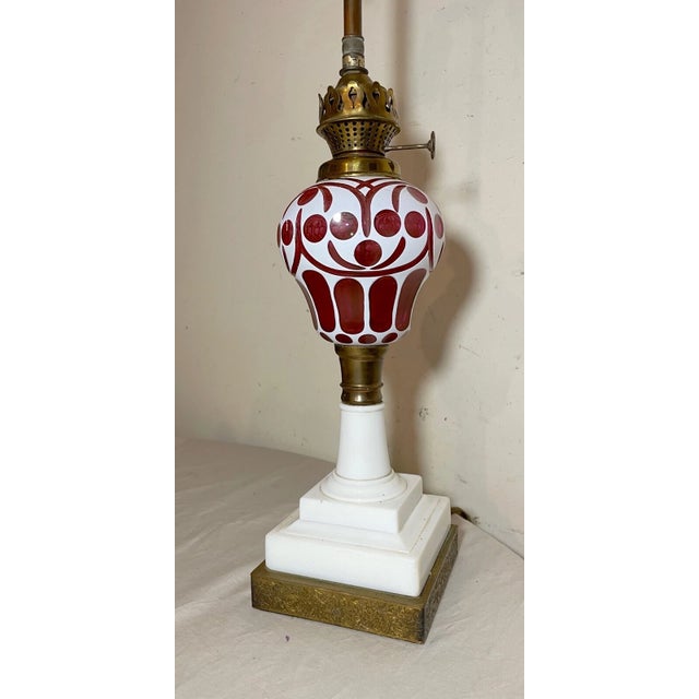 Antique Boston Sandwich Glass Cut to Clear Cranberry White Electrified Oil Lamp For Sale - Image 4 of 15