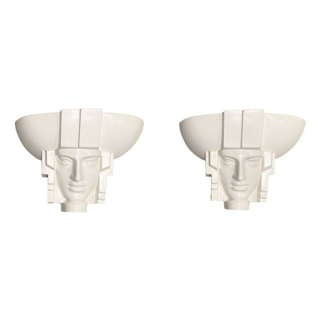 Art Deco Egyptian Pharaoh Face Sconce by Saint Clément Ceramic, France, 1960s, Set of 2 For Sale