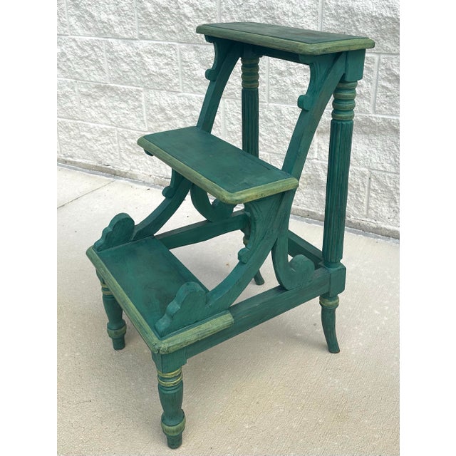 Wood Tuscany Italian Country Carved &Amp; Distressed Green Painted Wood 3-Step Library Ladder For Sale - Image 7 of 11