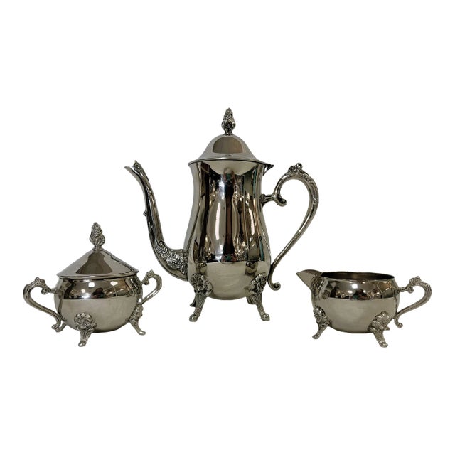 Vintage 3-Piece Tea Service, Silverplate With Floral Details For Sale