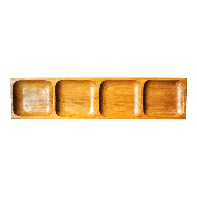 Vintage Mid Century Modern Long 4 Compartment Teak Wood Divided Tray