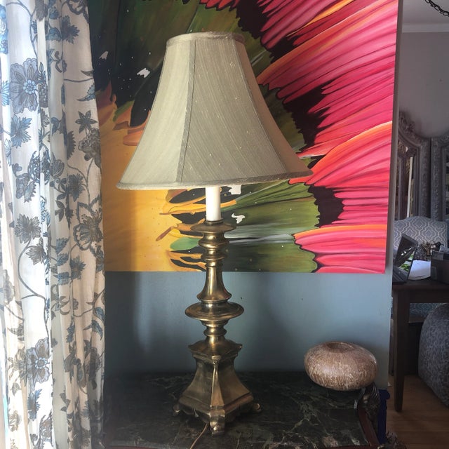1970s Brass Footed Table Lamp With Shade For Sale - Image 10 of 10