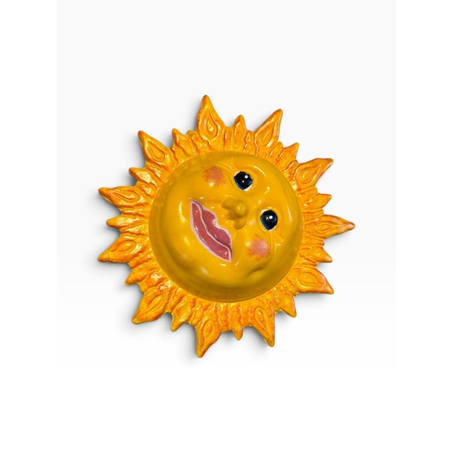 Abstract Late 20th Century Whimsical Yellow Ceramic Sun Face Wall Plaque For Sale - Image 3 of 7
