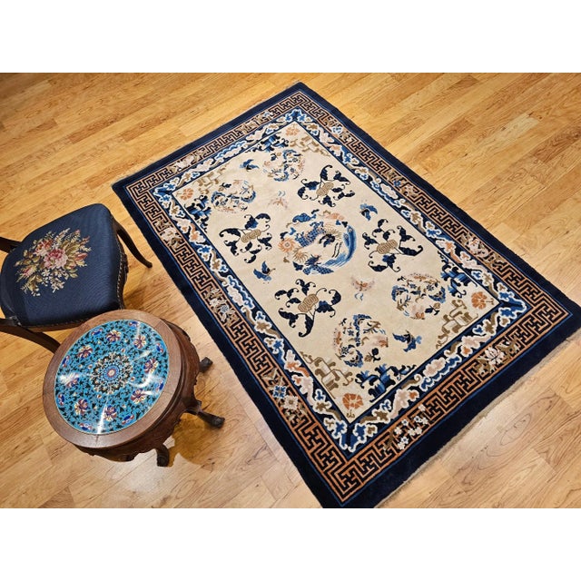 Vintage Chinese Art Deco Area Rug, Hand-Knotted Wool Pile, Ivory Field, 5' X 7' For Sale - Image 4 of 12