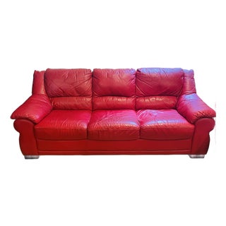 Vintage Natuzzi Red Leather Sofa Threeseat For Sale