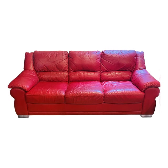 Vintage Natuzzi Red Leather Sofa Threeseat For Sale