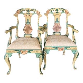 Late 20th Century Maitland-Smith Painted Grotto Shell Armchairs or Dining Chairs in Pink and Green- Set of 2 For Sale