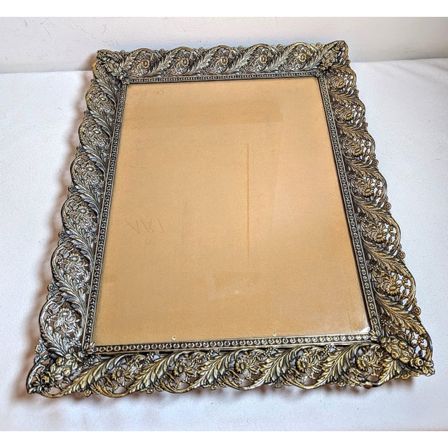 Vintage Ornate Metal Picture Frame Vanity Tray Filigree With Ormolu For Sale - Image 4 of 7