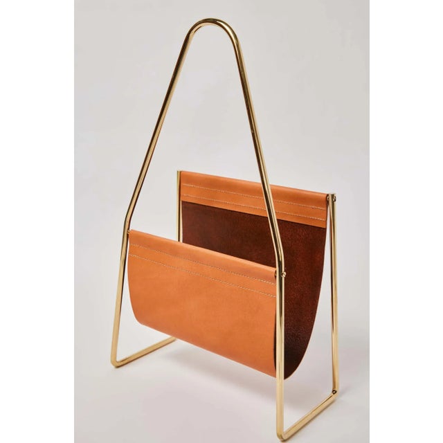 Carl Auböck Model #3808 Brown Leather and Brass Magazine Rack For Sale - Image 9 of 12