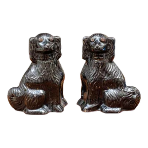 Antique 19th Century English Staffordshire Pottery Spaniel Dogs in Jackfield Black Glaze - a Pair