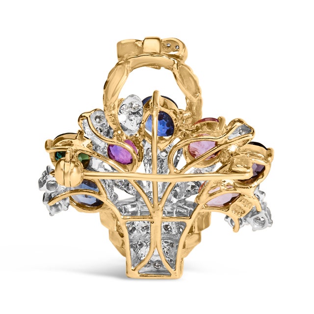 18K Yellow Gold 1 1/10 Cttw Diamond and Mixed Gemstone Floral Bouquet Pendant and Brooch Pin (G-H Color, VS1-VS2 Clarity) For Sale - Image 4 of 9