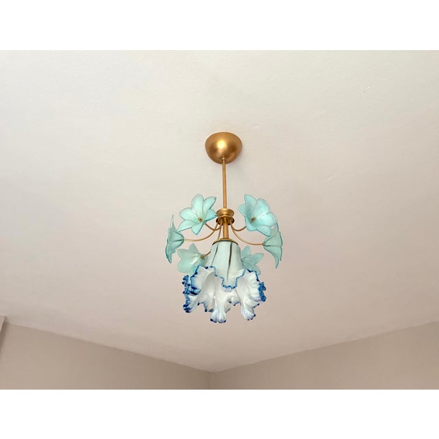 Vintage Custom Hand-Painted Italian Murano Style Light Blue Floral Pendant - Restored For Sale - Image 10 of 17