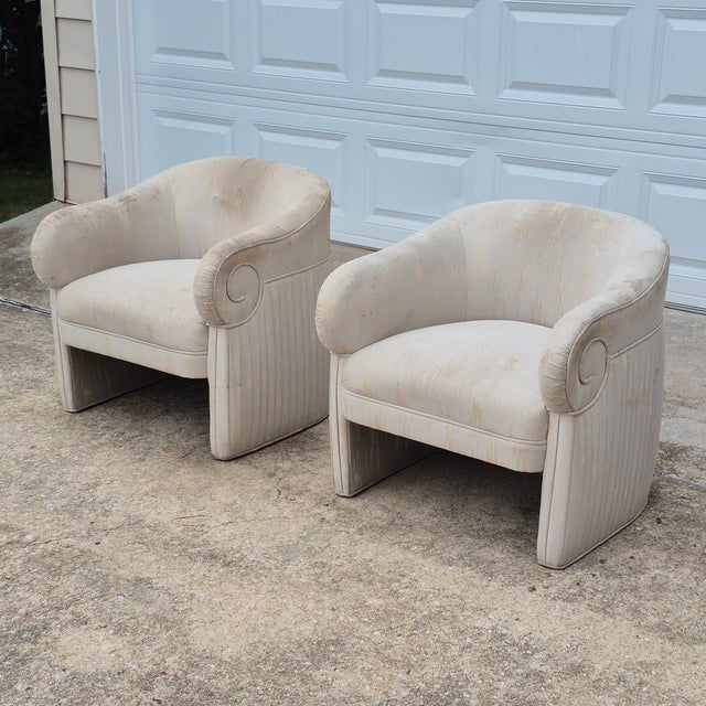 1980s Thayer Coggins Style Art Deco Revival Neoclassical Ionic Column Tub Barrel Chairs for Reupholstery - A Pair For Sale - Image 12 of 12