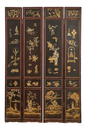 Chinese Qing Four Panel Lacquered Incised Coromandel Screen