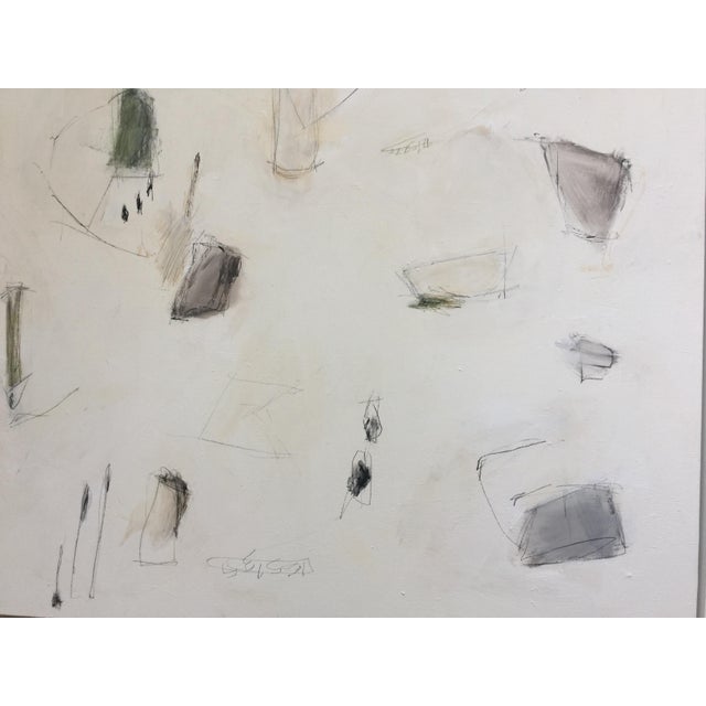 Abstract expressionism painting by Kimberly Moore. White, White Dove, parchment, camel, black, green, and charcoal....