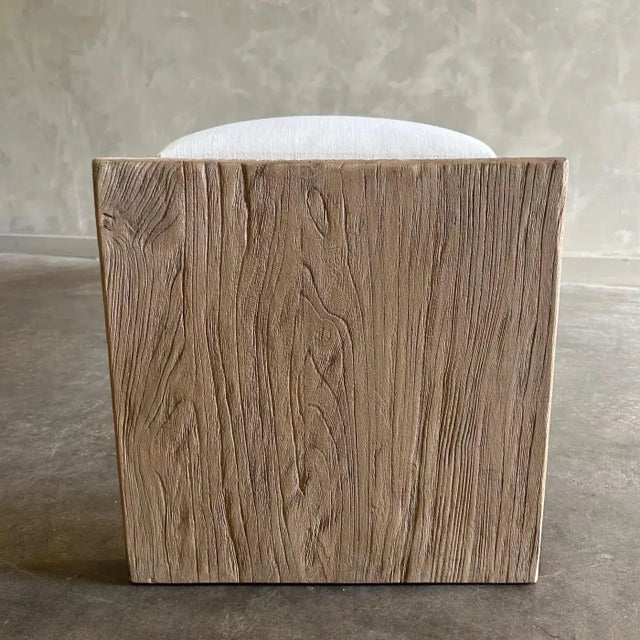 Rustic Elm Wood Bench With Linen Upholstery - Off Center For Sale - Image 3 of 9