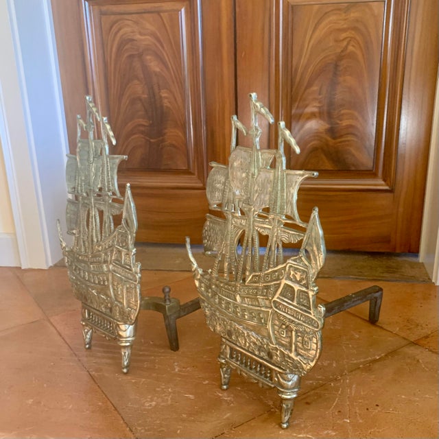 Antique Brass Galleon Ship Andirons For Sale - Image 4 of 14