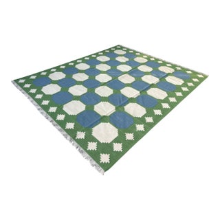 Handmade Woolen Flat Weave Swedish Pattern Blue, Cream and Moss Green Area Tile Rug - 8'x10' For Sale