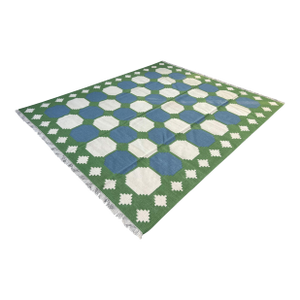 Handmade Woolen Flat Weave Swedish Pattern Blue, Cream and Moss Green Area Tile Rug - 8'x10'