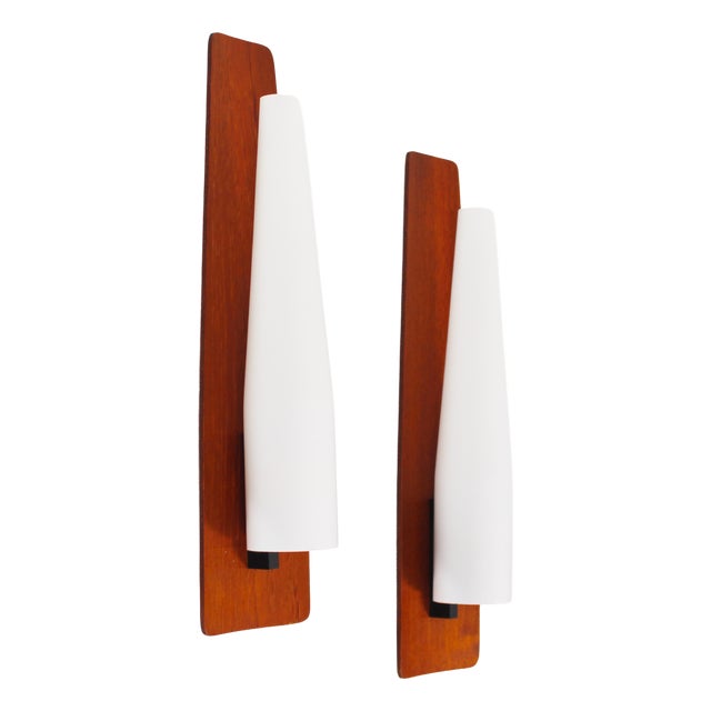 Wall Lamps in Teak and Opaline Glass from Kaiser-Leuchten, 1960s, Set of 2 For Sale