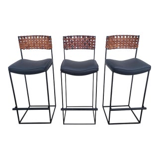 Arthur Umanoff Iron and Leather Barstools - Set of 3 For Sale