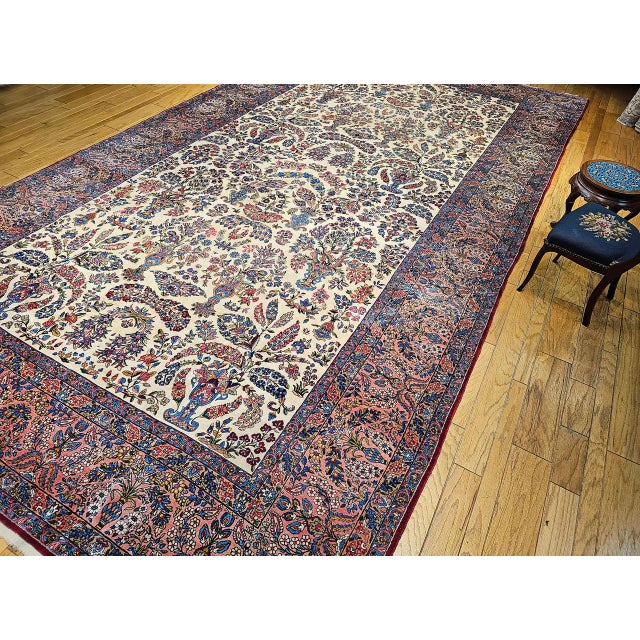 Ivory Antique Oversized Persian Kerman Lavar Rug, Hand-Knotted Wool, Allover Floral Vase Pattern, Ivory & Pink, 11’ X 20’ For Sale - Image 8 of 18