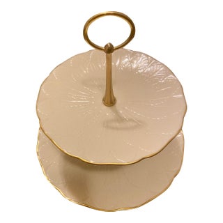 1960s Lenox Porcelain Leaf Two-Tier Serving Stand With Brass Handle For Sale