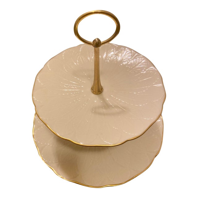 1960s Lenox Porcelain Leaf Two-Tier Serving Stand With Brass Handle For Sale