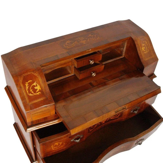 Italy early 20th century bovolone secretaire commode. Hand-carved walnut, veneer walnut with maple wood inlays polished...