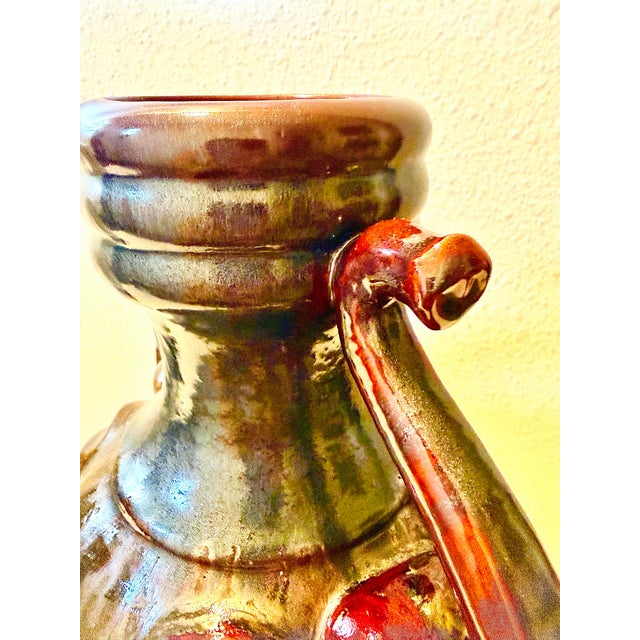 Oxblood Red Vintage Oxblood Amphora Vase, Art Deco Red Elephant Handle, Cobalt Drip Glaze For Sale - Image 8 of 12