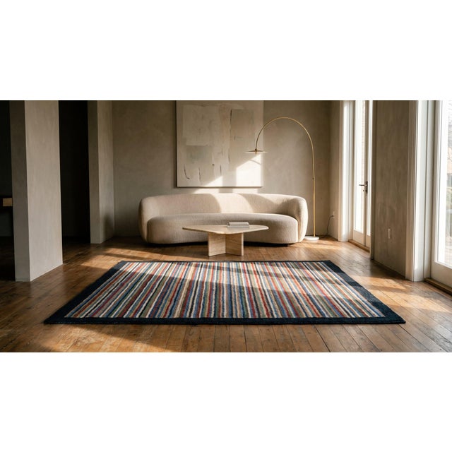 Black 1920s Small Multicolor Antique Modernist Striped Folk Art American Hooked Rug For Sale - Image 8 of 8