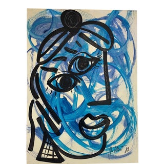 Late 20th Century Abstract Face Acrylic Painting by Peter Keil For Sale