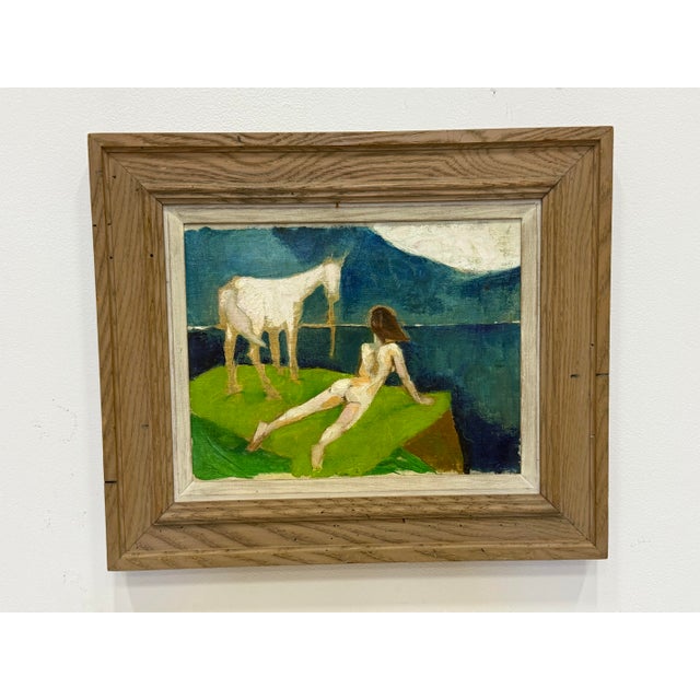 Midcentury Cubist Nude on Landscape Oil on Canvas Painting. Original vintage frame
