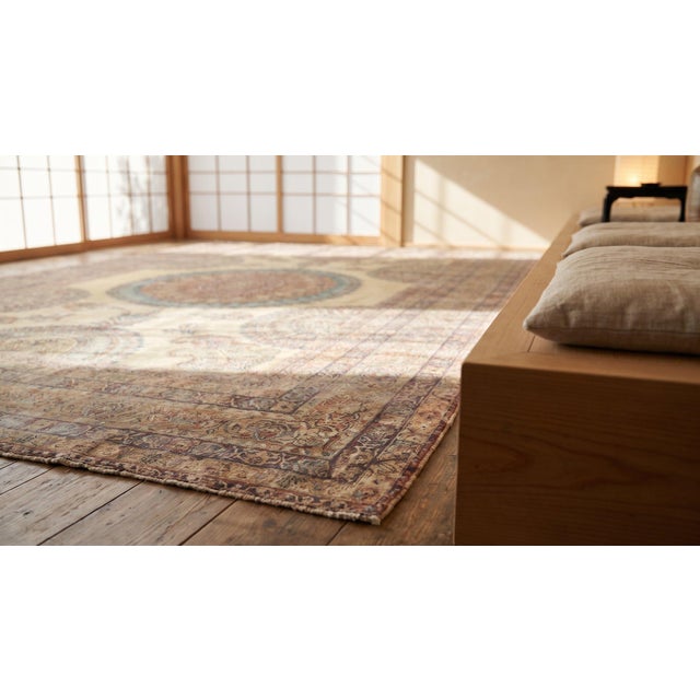 Amazing Tan-Ecru Background Color Medallion Design Antique Persian Kirman Laver Rug For Sale - Image 13 of 15